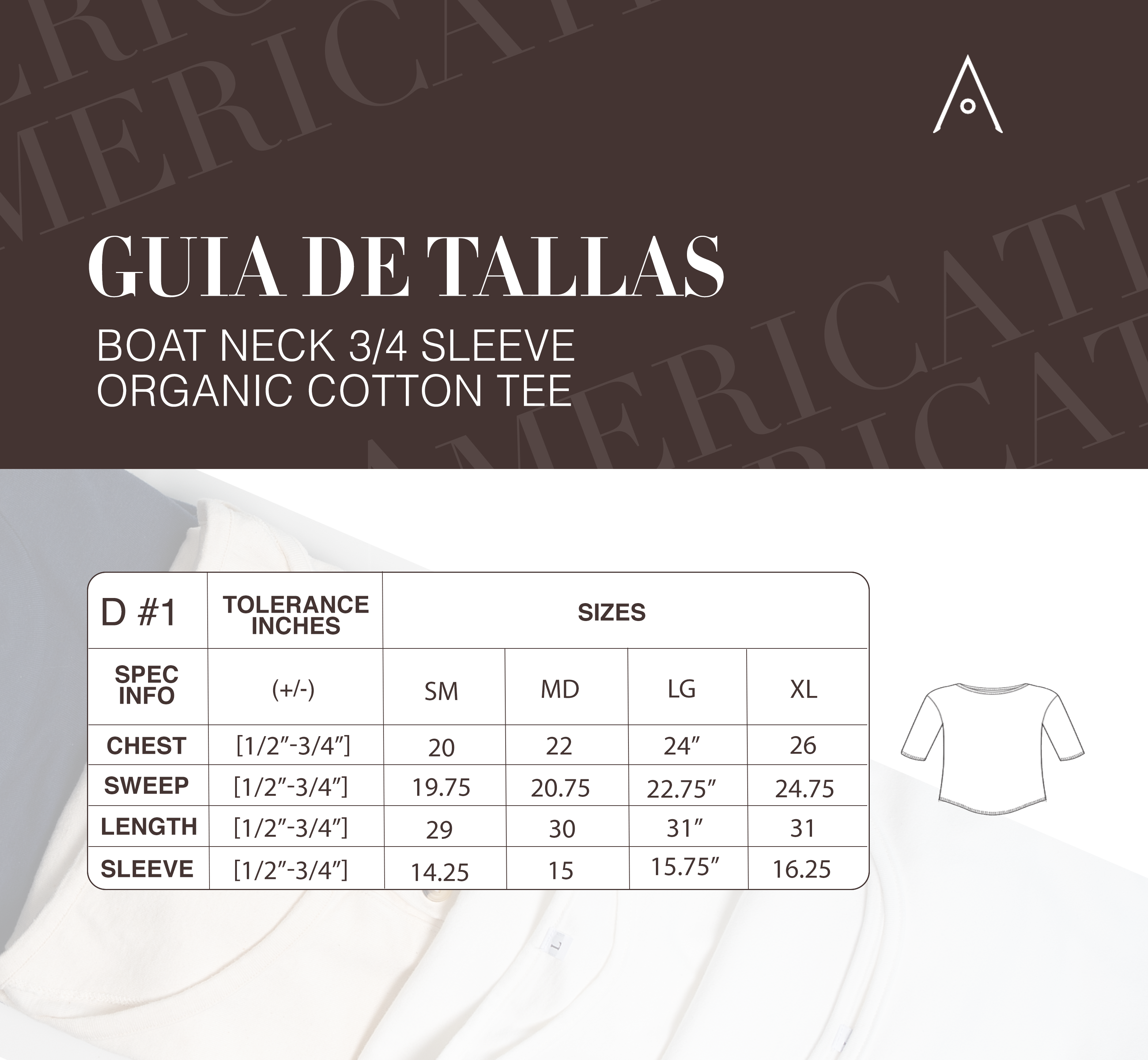 Boat Neck 3/4 Sleeve Organic Cotton Tee