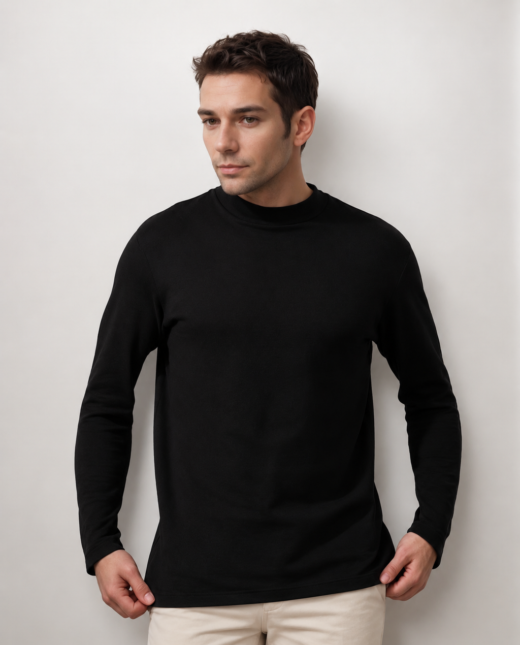 Pima Cotton Long Sleeve Mock Neck Tee