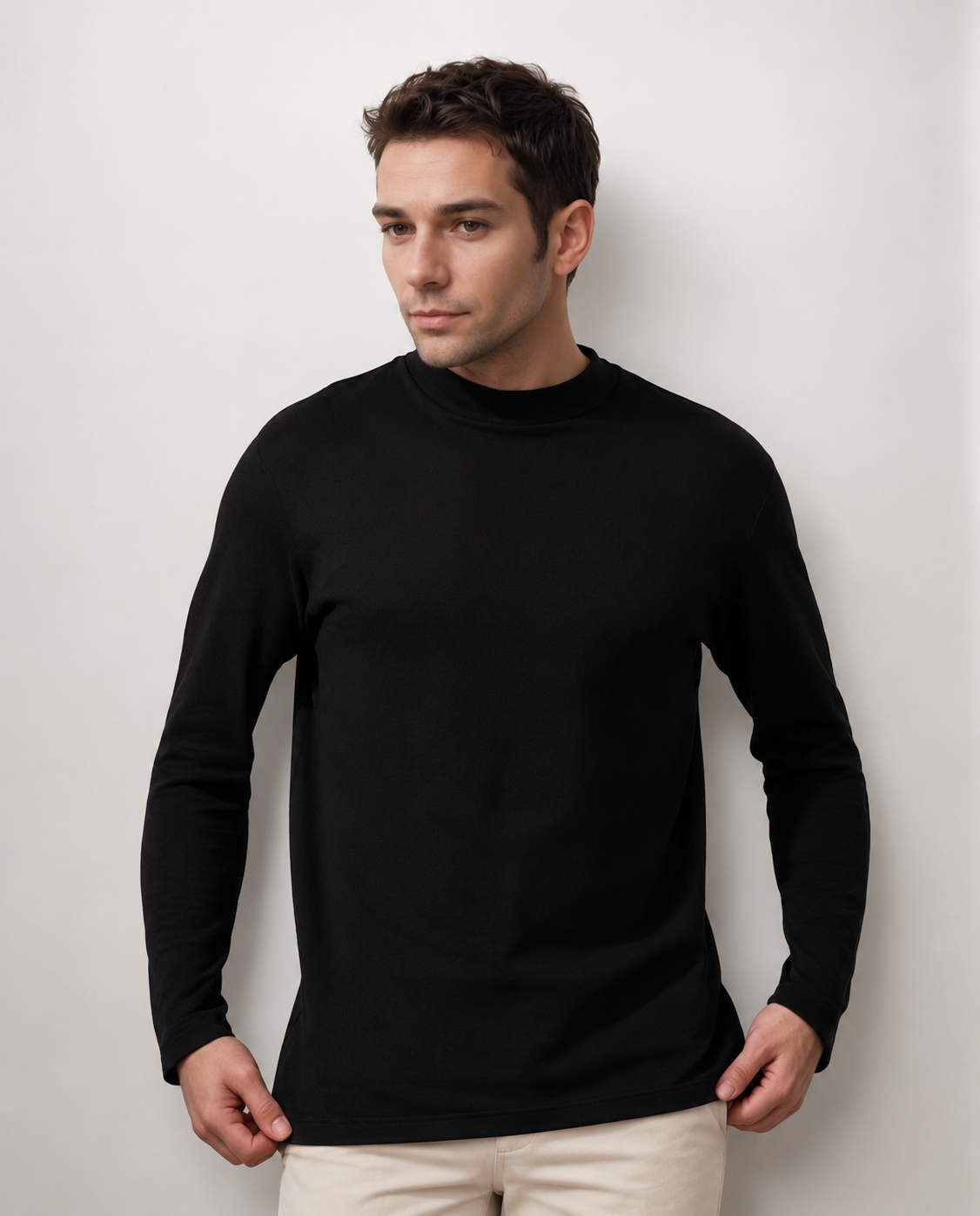 Pima Cotton Long Sleeve Mock Neck Tee